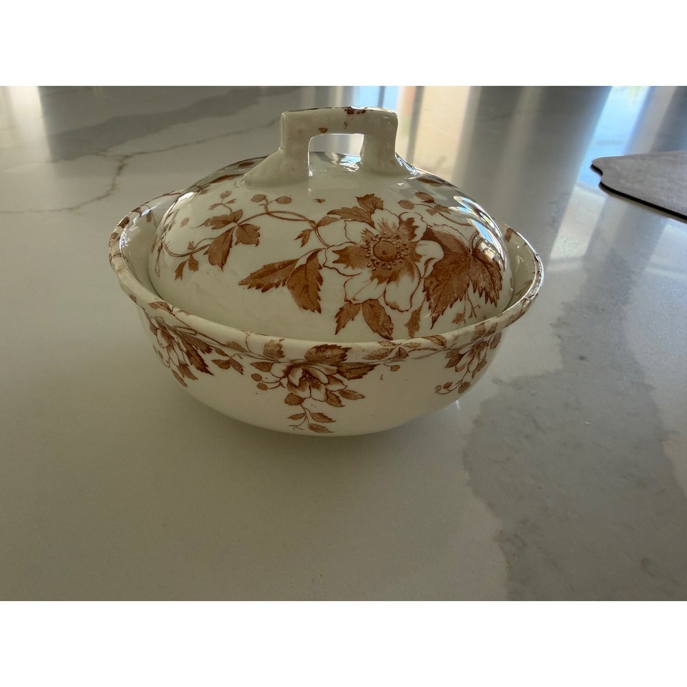 Vintage Brown Floral Transferware Ceramic Butter Tub with Drainer Insert 3 Piece